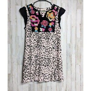 Savanna Jane Embroidered Boho Dress Medium Floral Leopard Short Sleeve P…